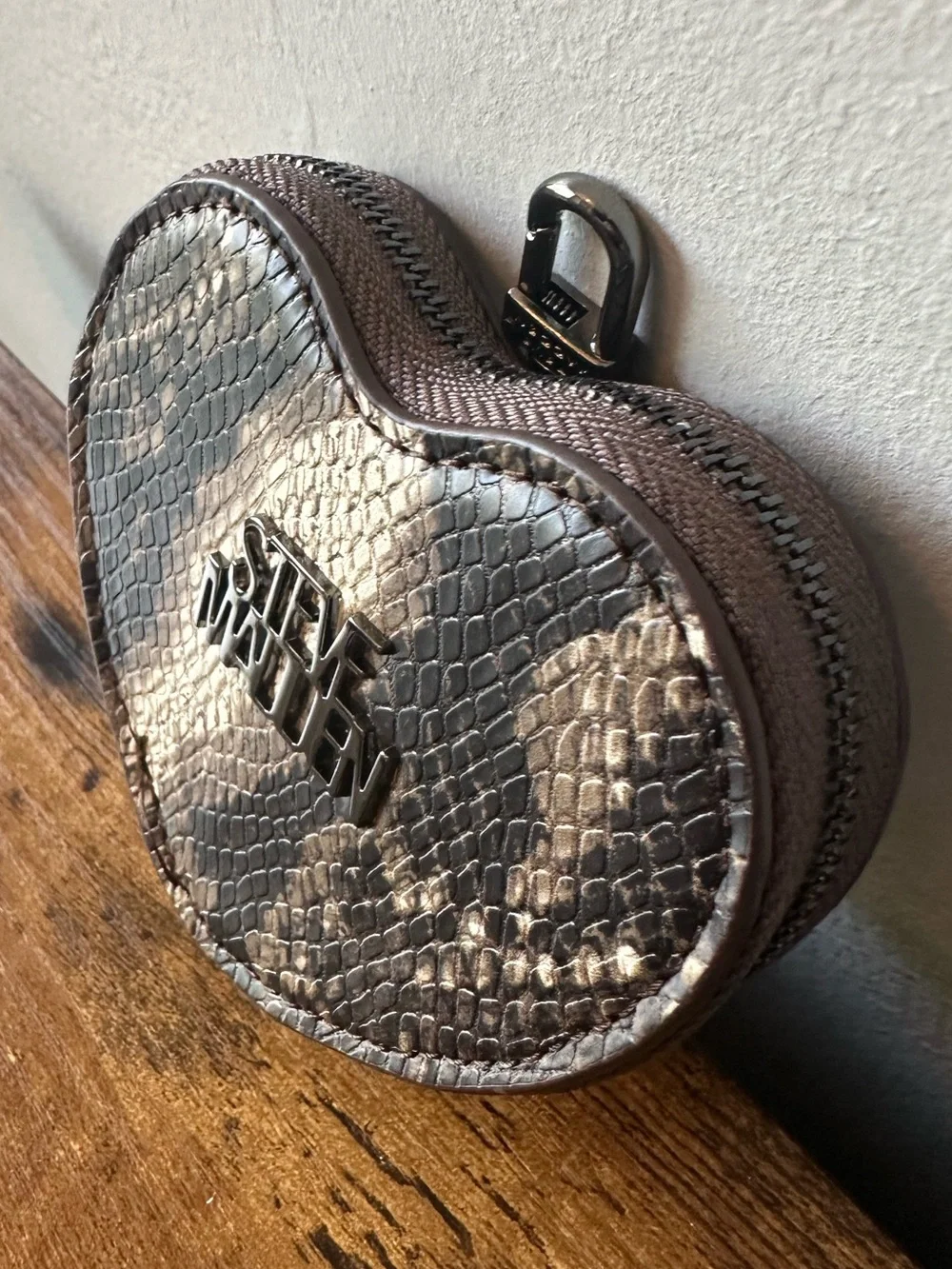 Steve Madden Snake-Print Embossed Heart Coin Pouch Bag Charm Keychain Brown/Tan